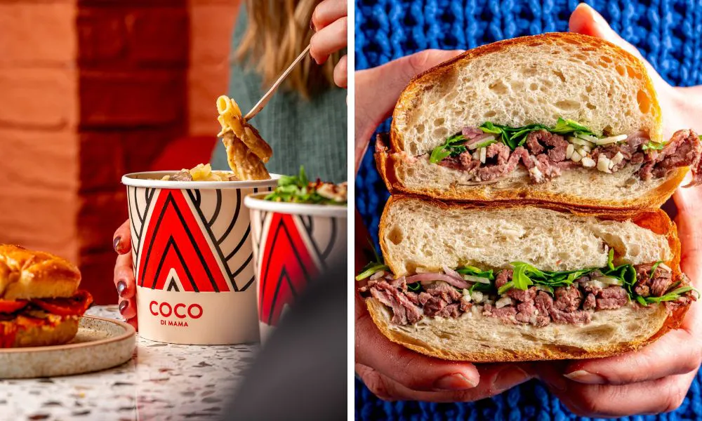 tub of takeaway pasta and focaccia sandwich with beef