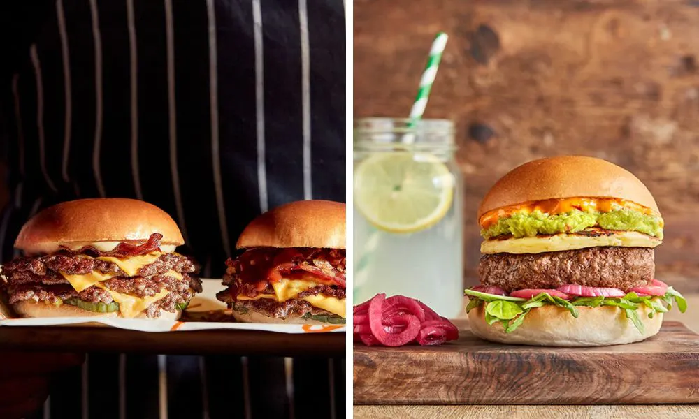 cheese burgers and vegetarian burger with lemonade
