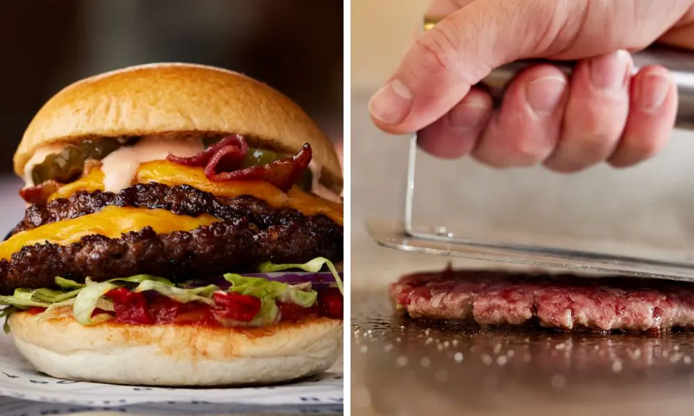 cheese burger and burger patty being smashed on grill