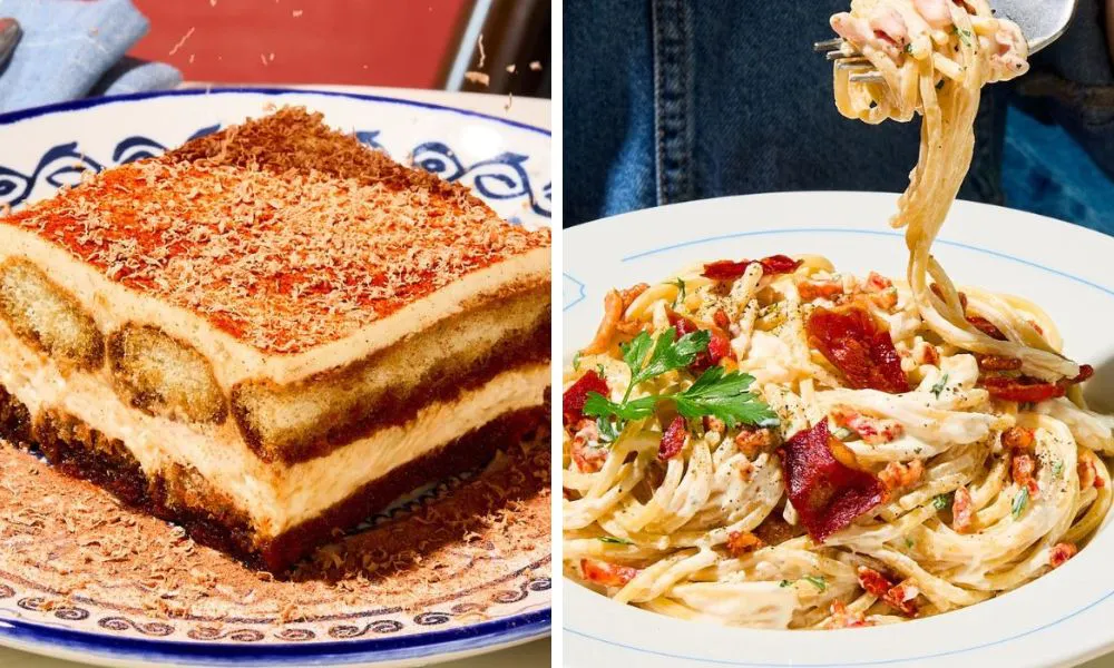 tiramisu and someone swirling carbonara pasta