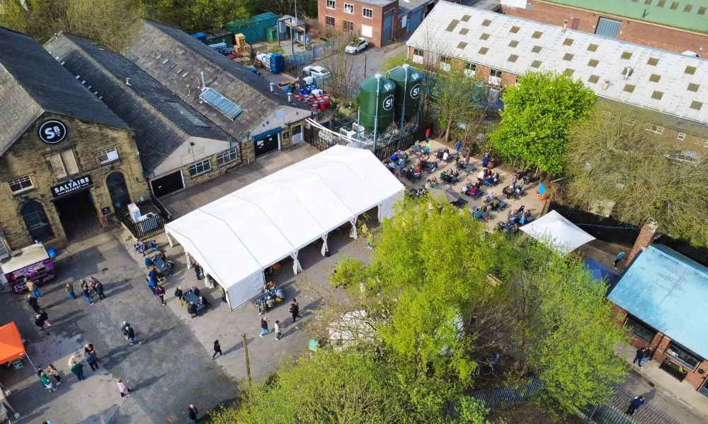 an aerial view of the beer garden at Saltaire Brewery