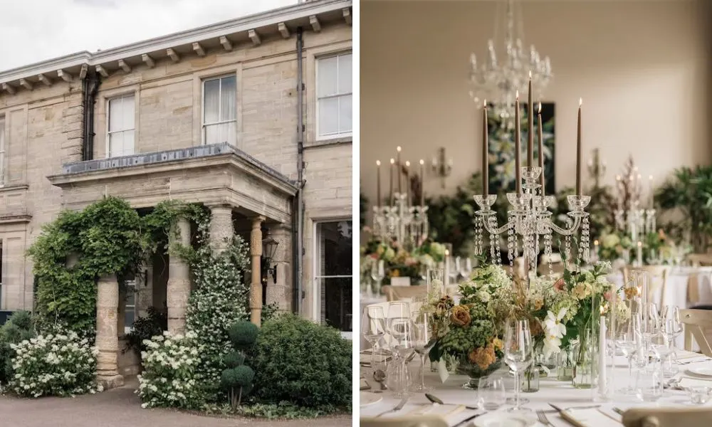 exterior view of wedding venue and tablescapes at wedding breakfast
