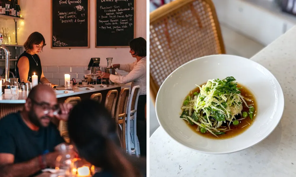 candlelit restaurant and bowl of comfort food