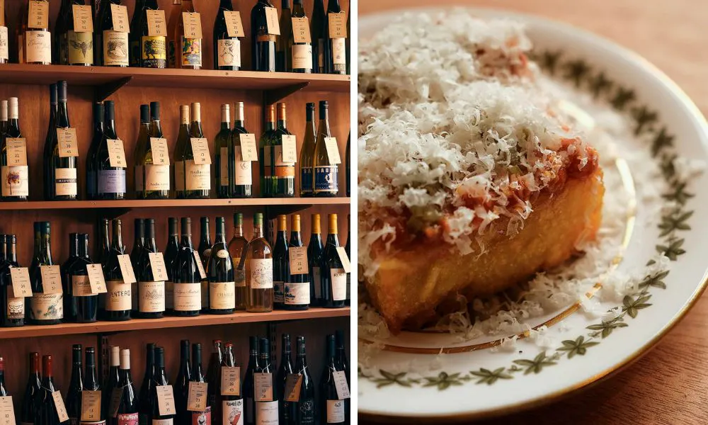 shelves with wine bottles and potato dusted with parmesan