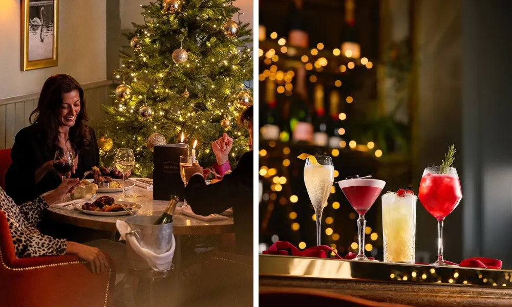 festive cocktails lined up on a bar 