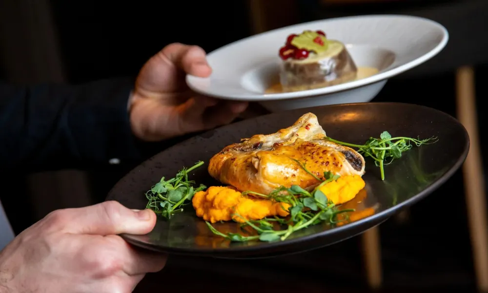 plate with a pastry parcel and orange puree 