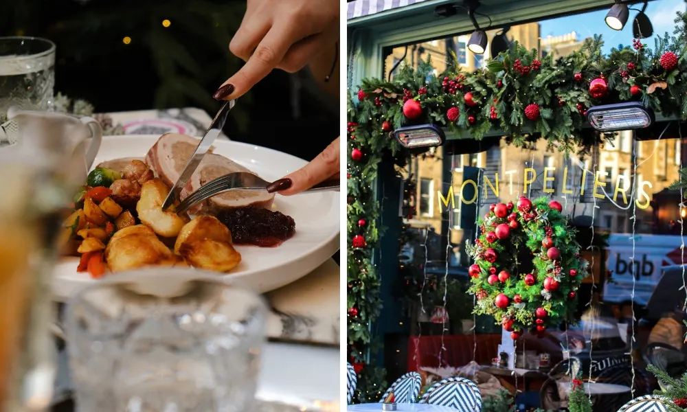 christmas wreath and baubles on restaurant window