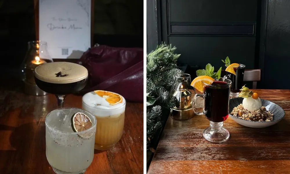 Drinks and mulled wine and dessert at bistro table