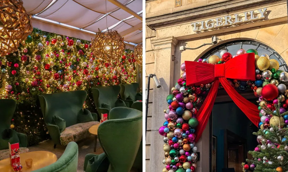 hotel restaurant entrance with giant red bow