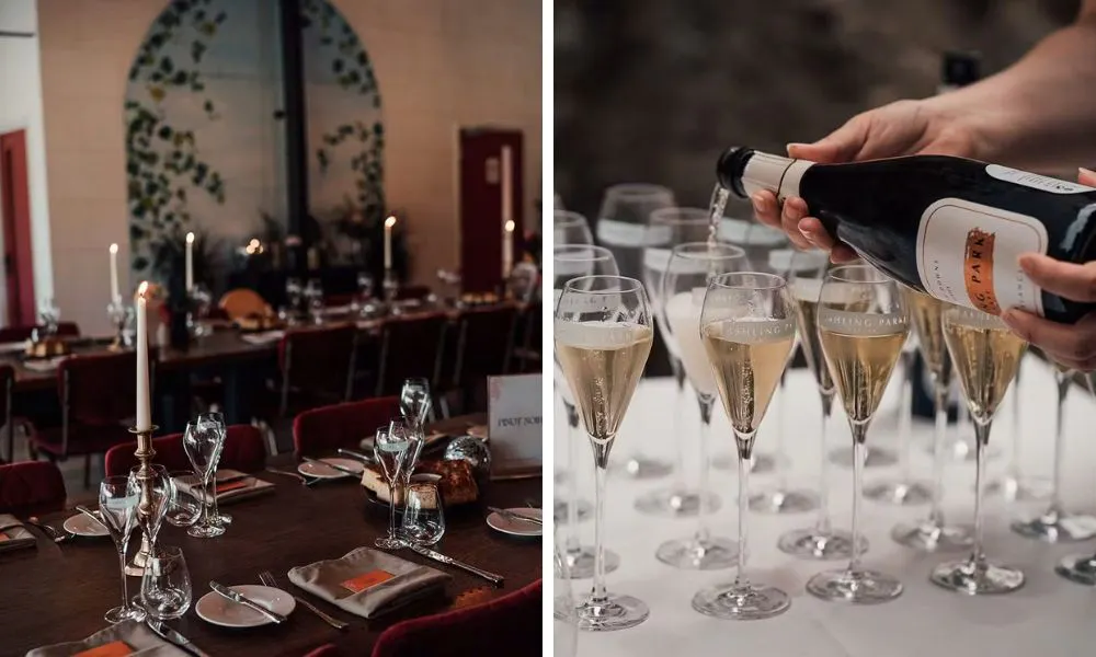 a cosy table set up for a wedding breakfast, and someone pouring glasses of Champagne