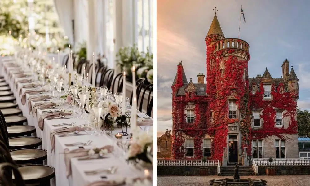 a table set for a wedding reception, and a castle facade covered in red leaves