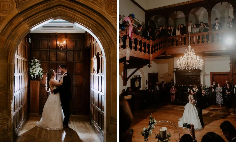 a bride and groom dancing surrounded by friends and family