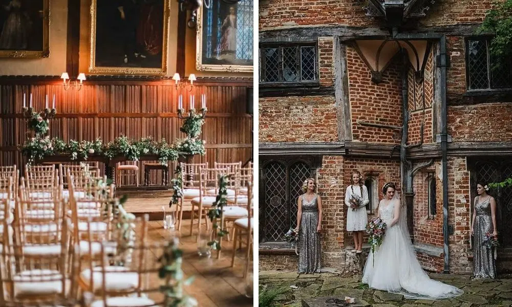 a bride and bridesmaids outside of a red-bricked building