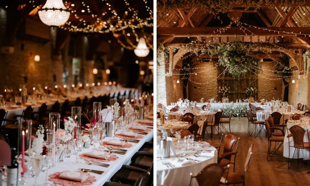 cosy, barn interiors set up for a wedding breakfast