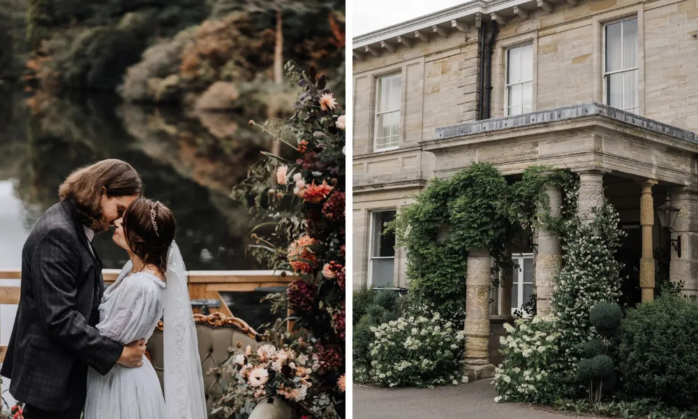 Couple embrace by late at autumn wedding venue in sussex