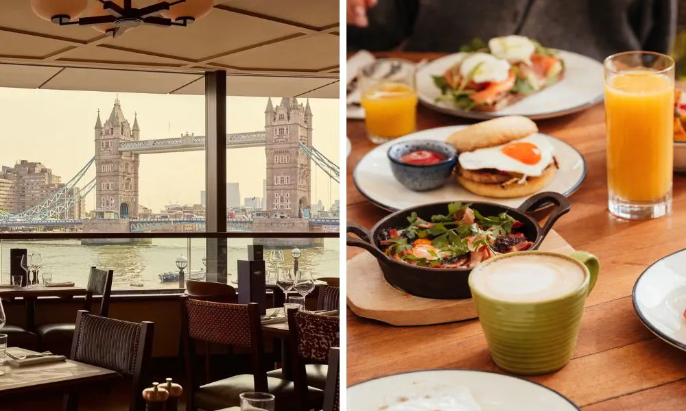 restaurant dining room with views of london bridge and breakfast spread with coffee and juice