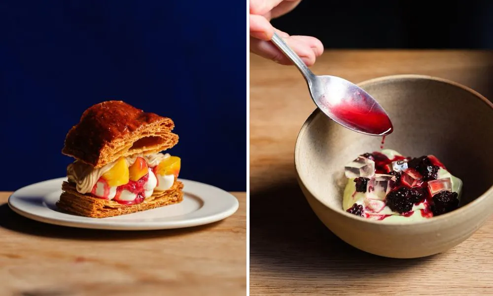A mille-feuille and a blackberry dessert