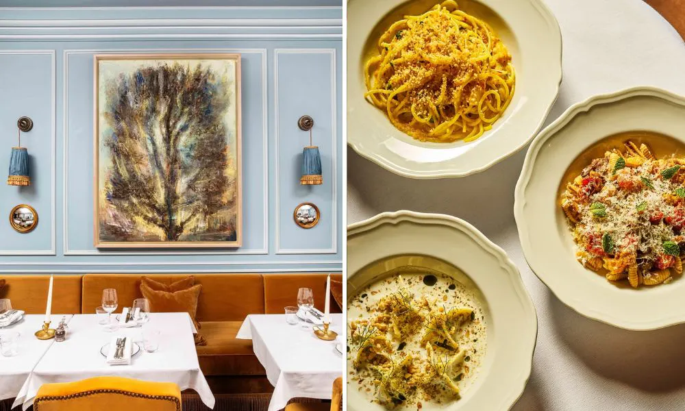 Blue dining room and pasta dishes on table