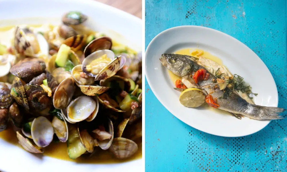clam dish with crougette and grilled fish 