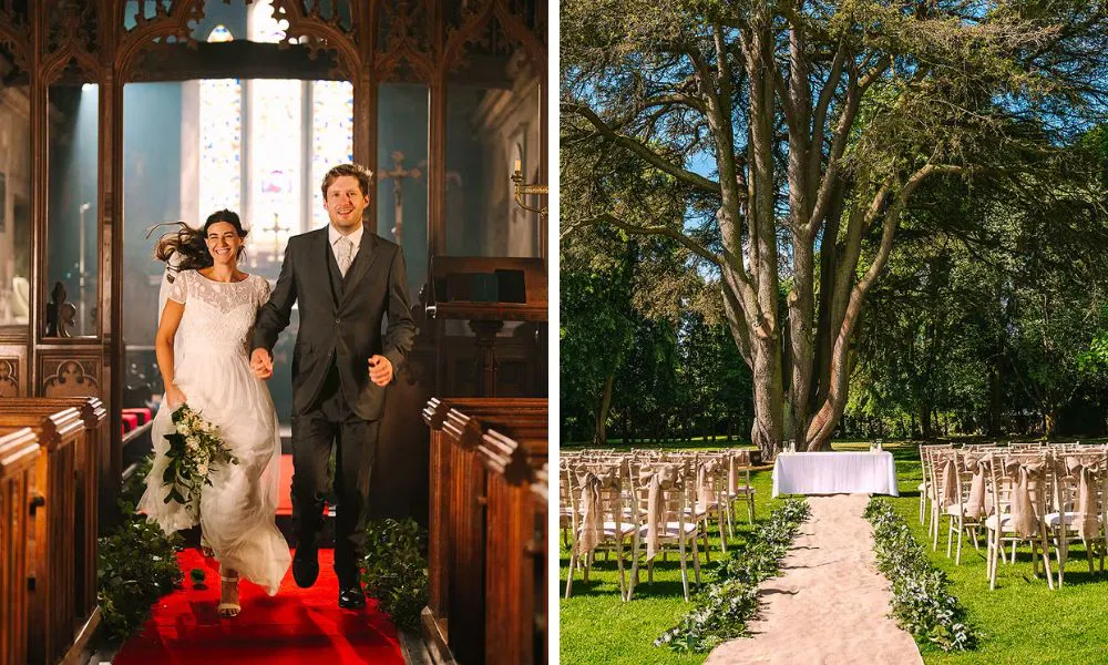 a couple running down the aisle after a wedding, and an outdoor wedding ceremony set up