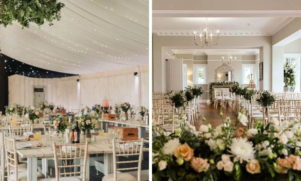 an elegant wedding ceremony and breakfast set up