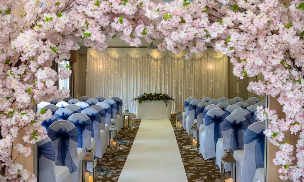 a floral wedding ceremony set up