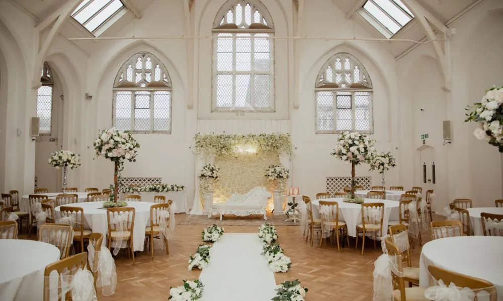 an elegant wedding breakfast set up 