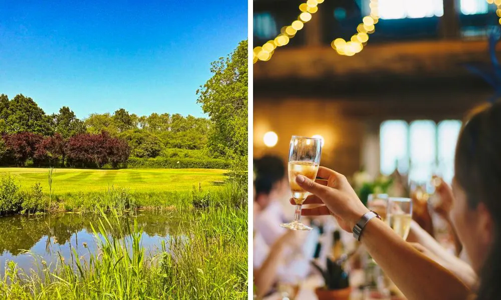 a fairway on a golf course and people raising glasses of fizz