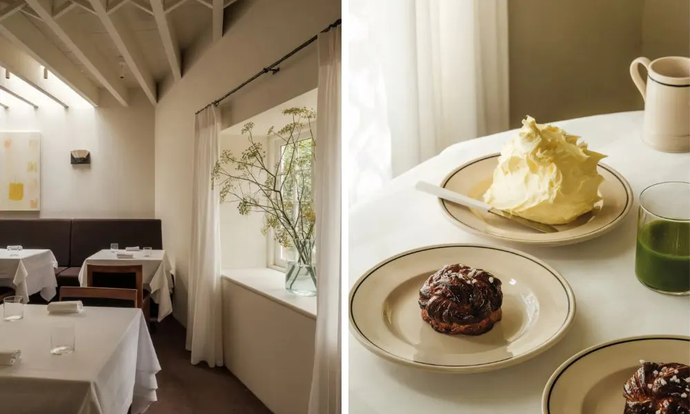 natural white restaurant interiors and plates with white tablecloth