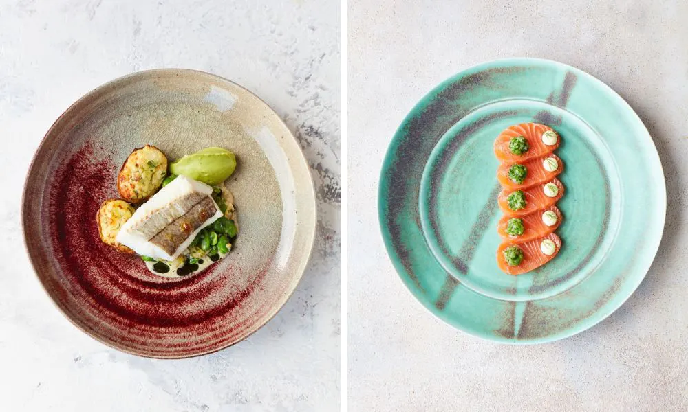 white fish with potatoes and salmon crudo