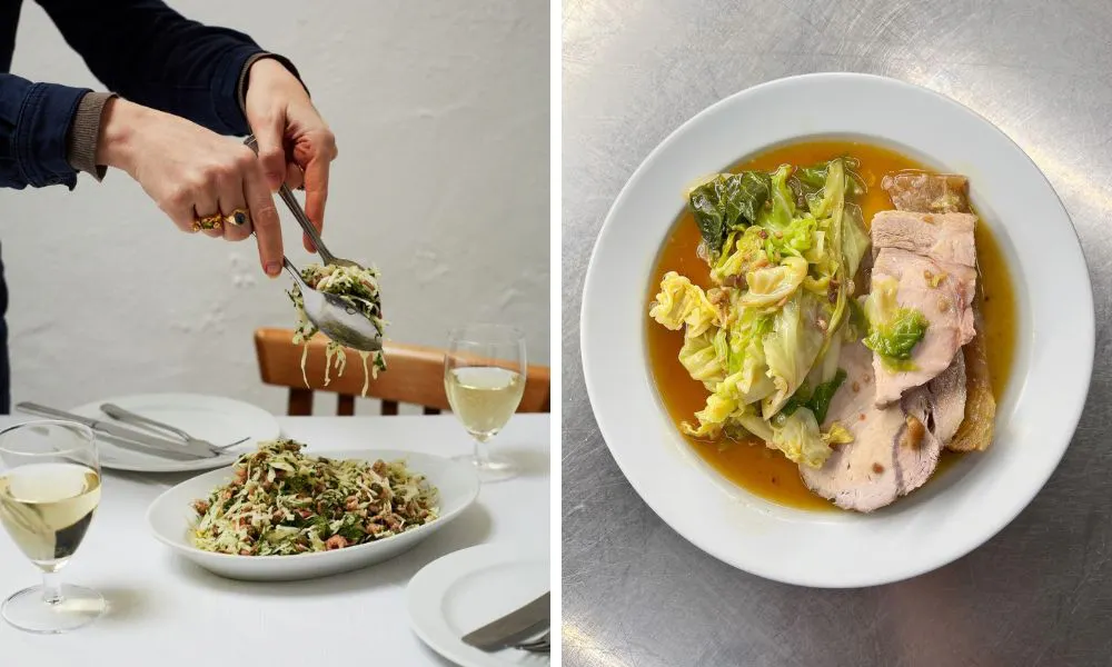 waiter serving salad and roast pork with veg and gravy