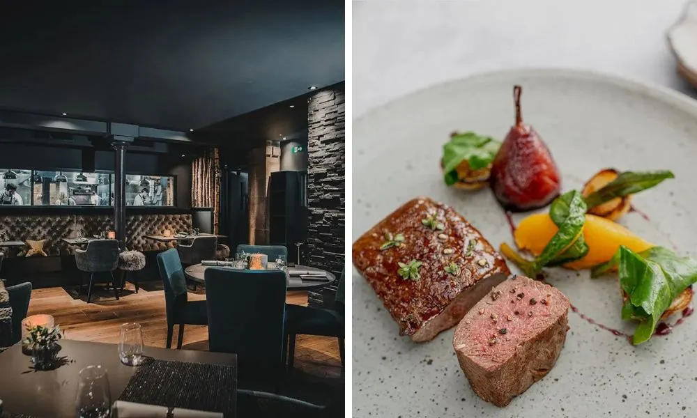 dark restaurant interiors and beef with vegetables