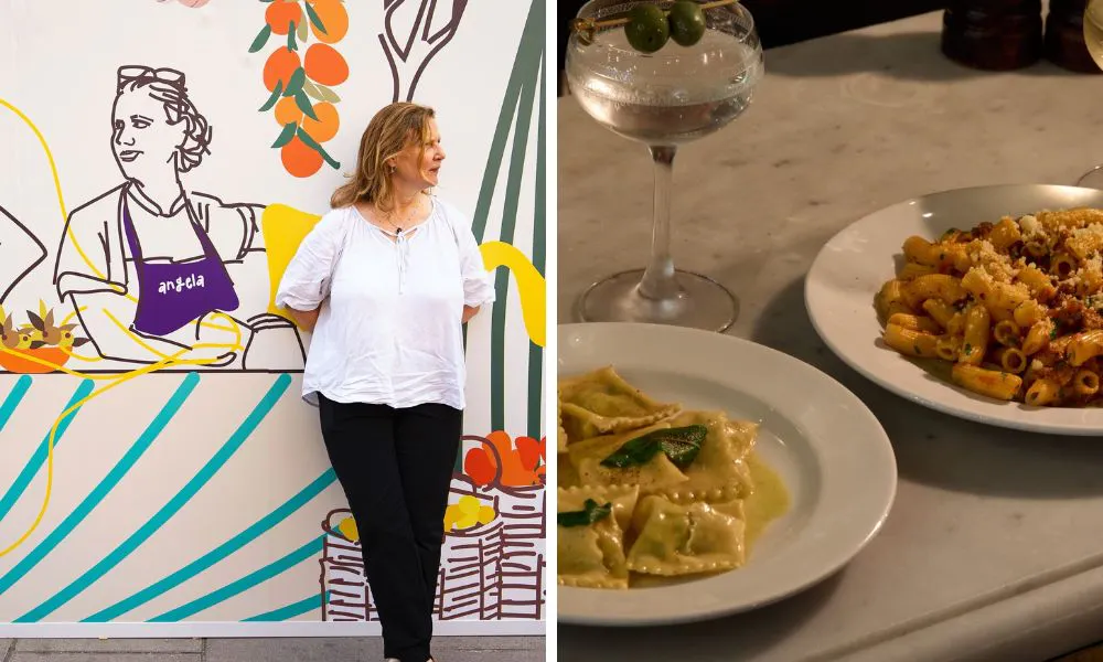 angela hartnett and plates of pasta with a martini