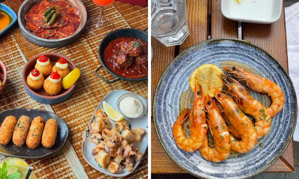 sharing style tapas and prawns with lemon