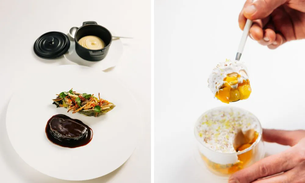 fine dining dishes with someone scooping a pudding