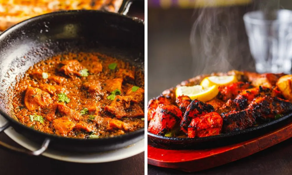 curry in a wok and chicken tikka on a sizzling plate