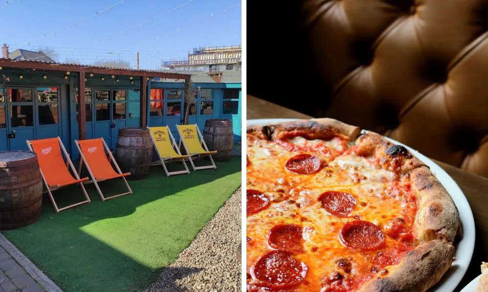 deck chairs in beer garden and pepperoni pizza