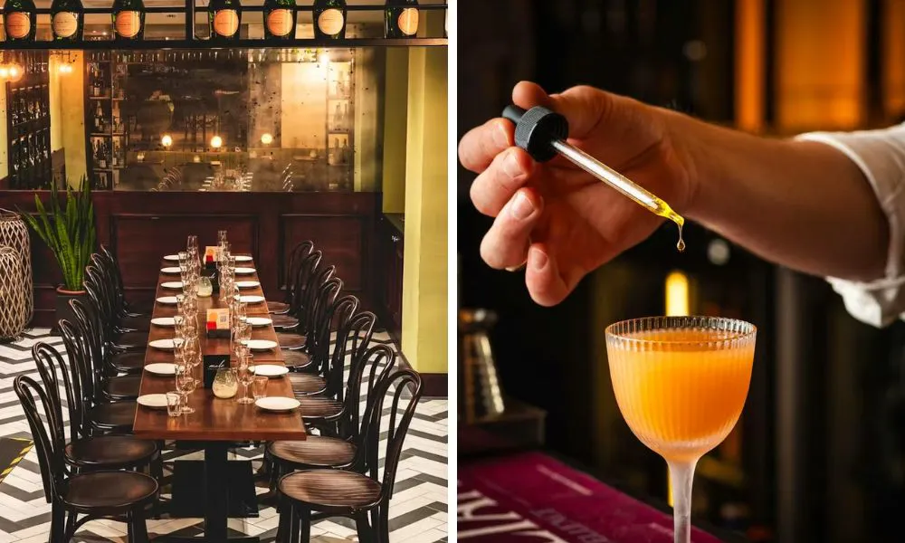 rustic banquet table and cocktail with pipette