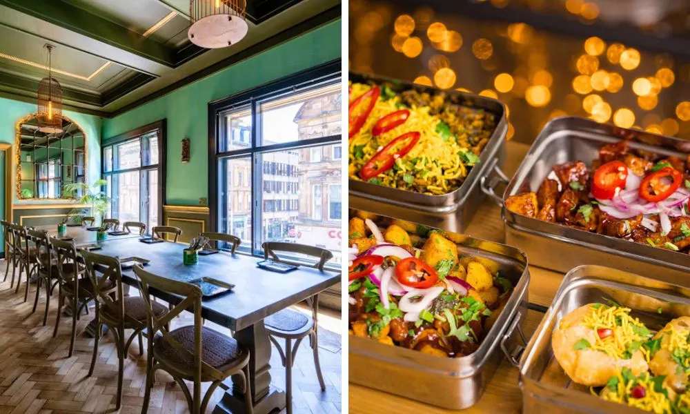 wooden banquet table and indian street food