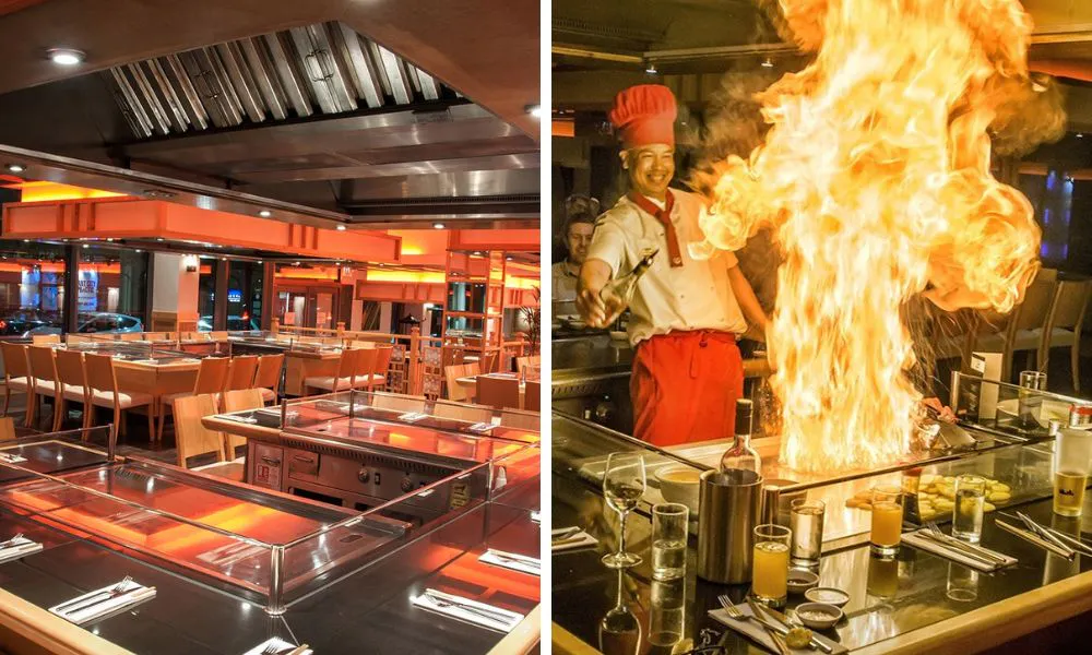izakaya dining room and chef with flame