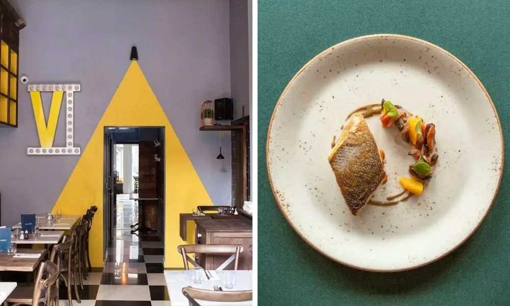 industrial dining room and plate of fish