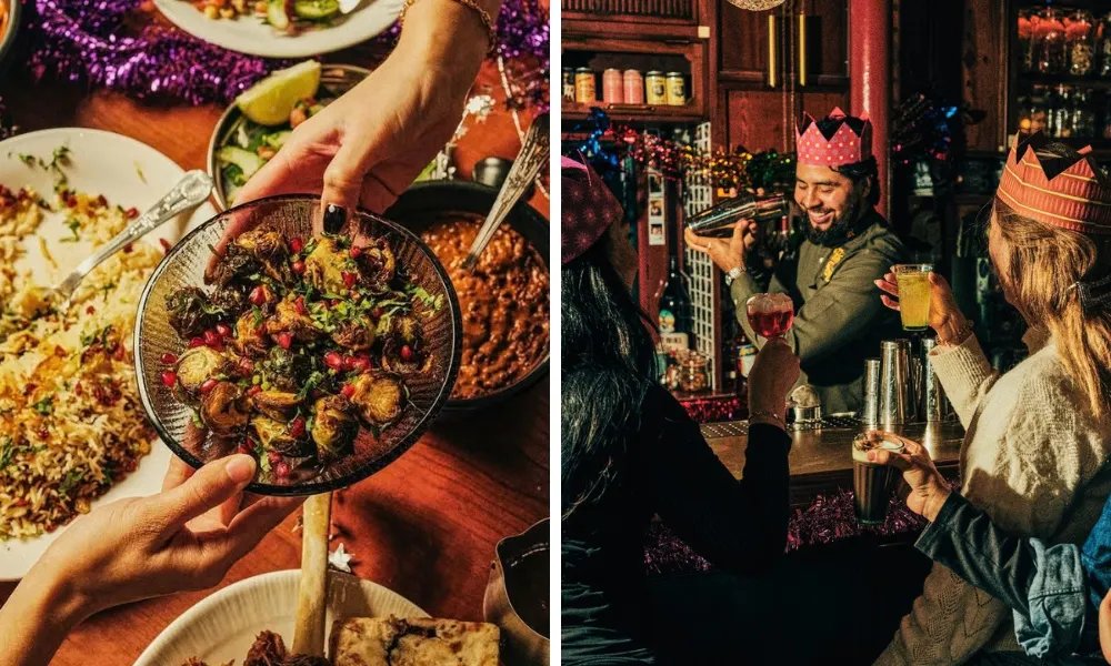 guests in paper crowns at a bar