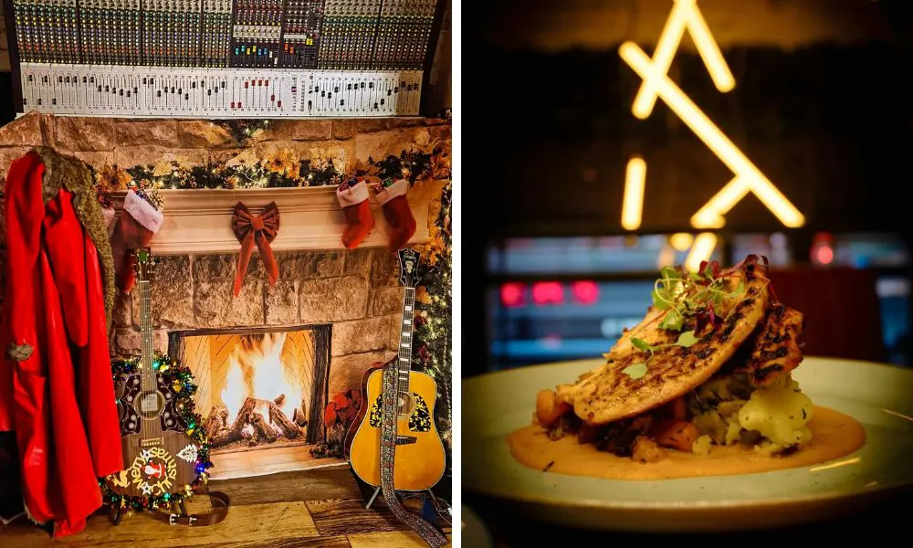 a roaring fire with Christmas decor, and a plated fish dish