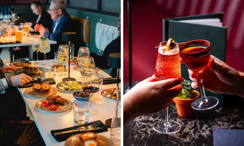 a table set with small plates, and a couple of festive cocktails