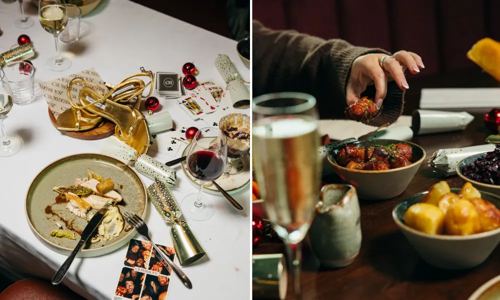 Christmas crackers and dishes on table
