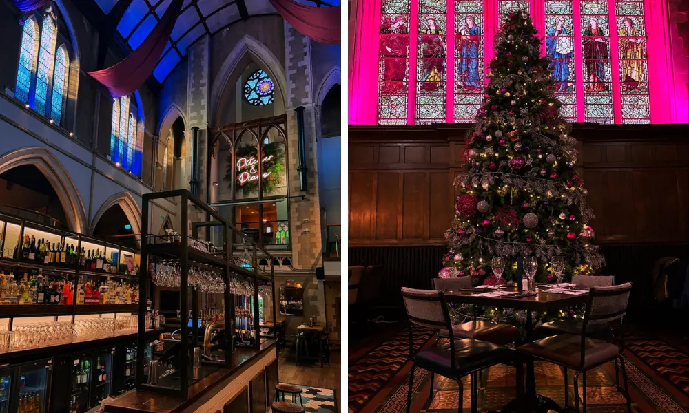 restaurant in an old church with christmas tree