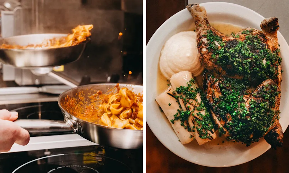 pasta cooking and roast chicken at pici