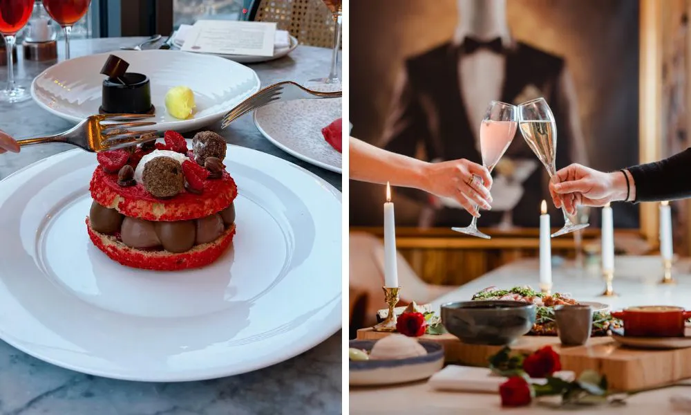 red chocolate dessert for valentines day and champagne in flutes