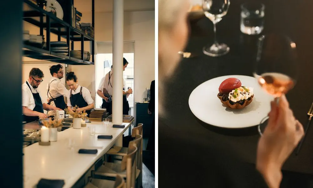 chefs working at a counter and guest enjoying wine with a tartlet