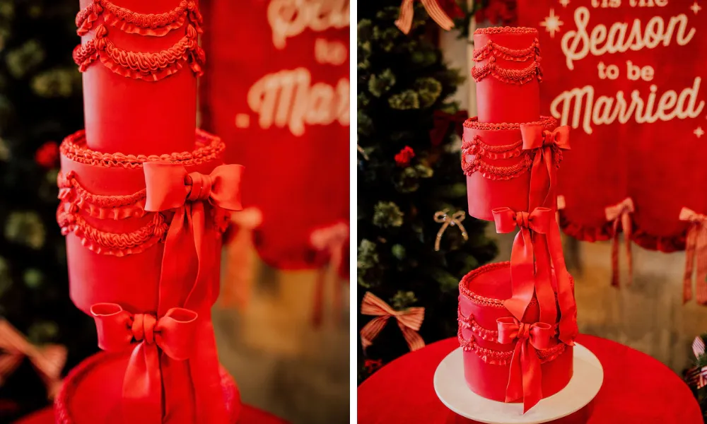 ornate red cake with missing tier illusion